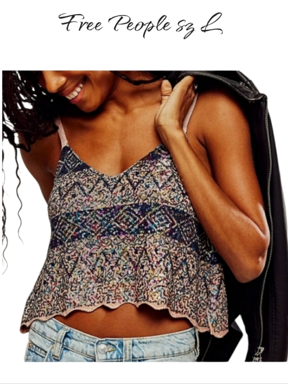 NWT Free People Shimmy Cropped Sequin Tank Top Twilight Rose Combo L
